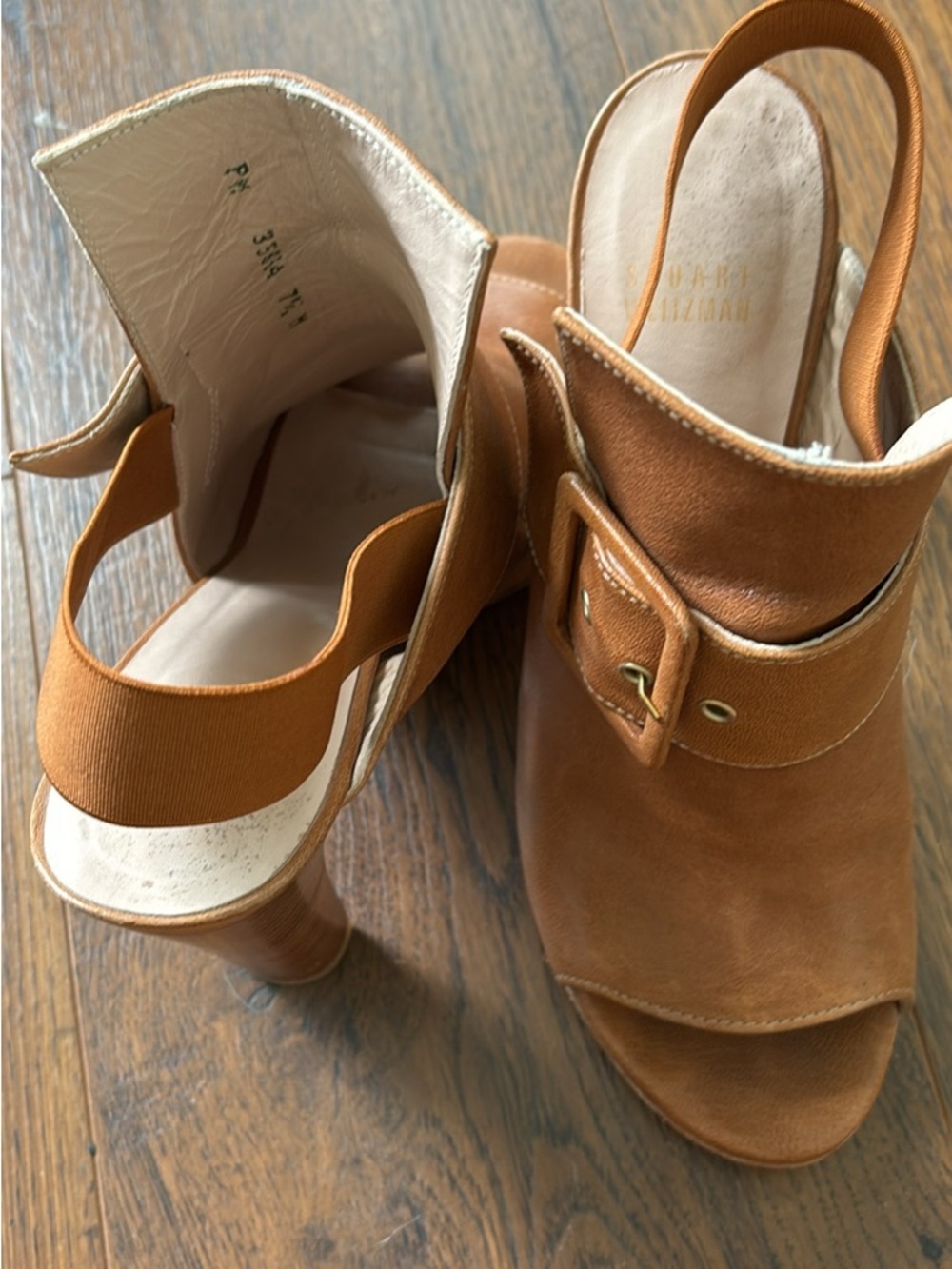 Stuart Weitzman Women's Tan Suede Buckle Slingback Heels